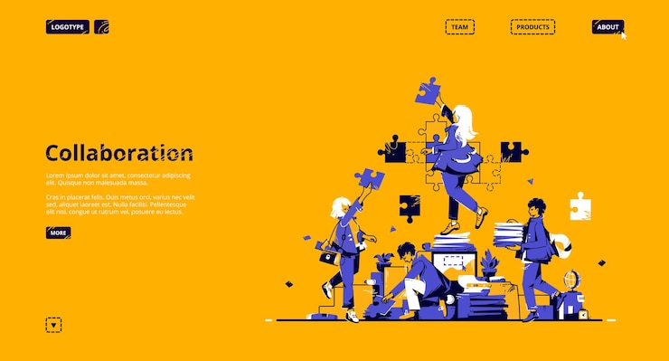 Free Vector collaboration and teamwork landing page. concept of partnership, support and communication in business.
