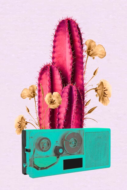 Коллаж ретро неоновый кактус вектор, отрицательный эффект в стиле фанк смешанная техника