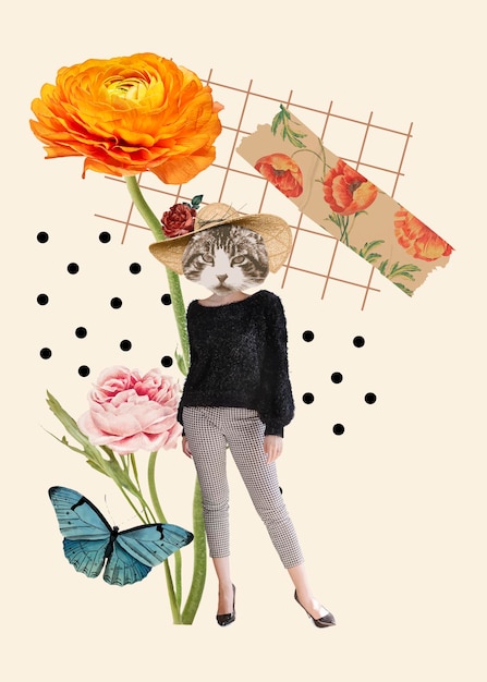 Collage Vintage Feminine Aesthetic Element, Cat Illustration Collage Mixed Media Art