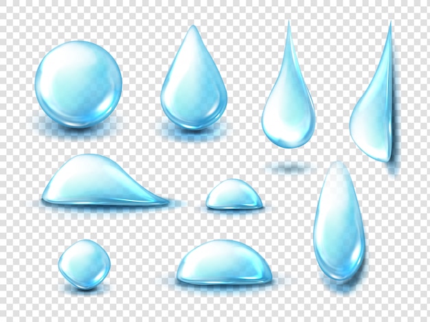 コラーゲンの液滴、さまざまな形状の透明な露、しずくと横になっている水分補給液体青い純粋な液滴、水の気泡