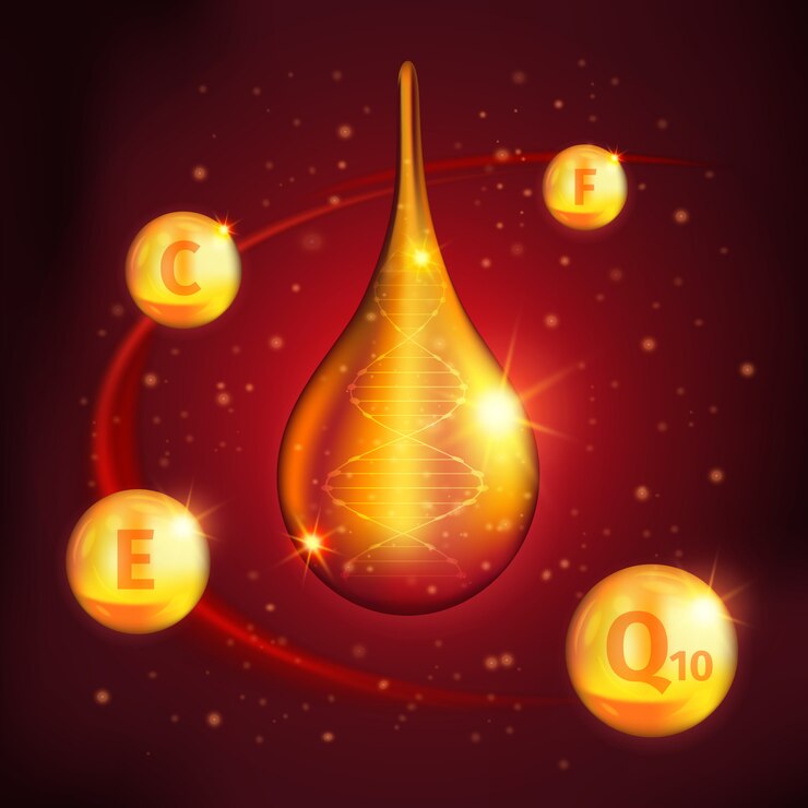 Free Vector collagen serum design with golden drop in center vitaminous balls around