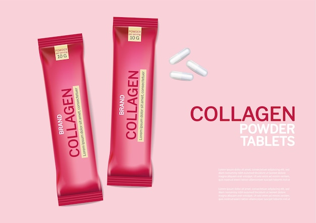 Collagen tablets Vector realistic mock up. Product packaging label designs