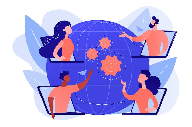 Free Vector colleagues business meeting, company internet webcast. online meetup, join meetup group, meetup website service, best communication here concept. pinkish coral bluevector isolated illustration