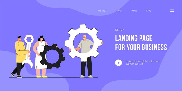 Colleagues holding gear-wheels and wrench landing page template