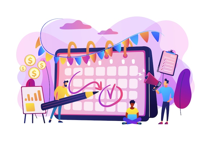 Free Vector colleagues preparing for corporate party. time management, deadline. brand event. event brand management, sponsored event organization concept.