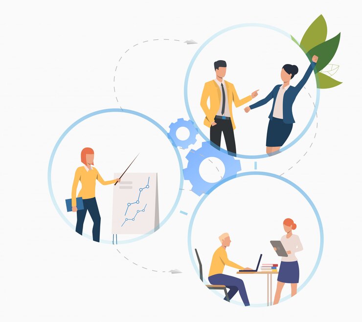 Free Vector colleagues working on project, presenting analytics