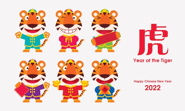 Collect set of flat design cartoon cute tiger with different poses celebrate chinese new year