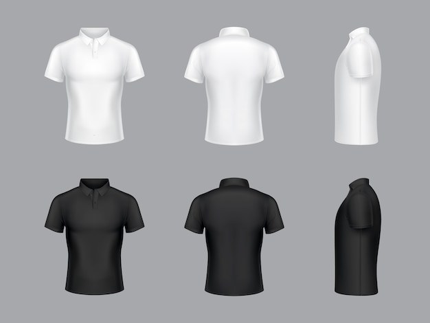 3d 현실적인 흰색과 검은 색 폴로 티셔츠의 컬렉션입니다. 짧은 소매, 패션 디자인.