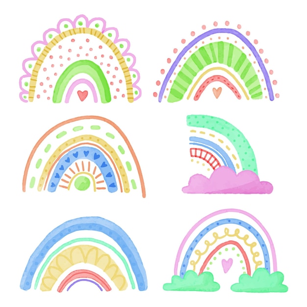 Free Vector collection of abstract colorful rainbows with clouds