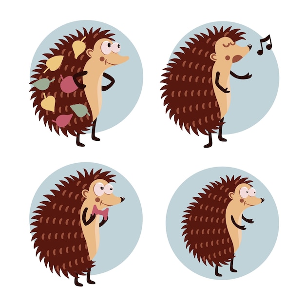 Free vector collection of adorable cartoon hedgehock character in different actions