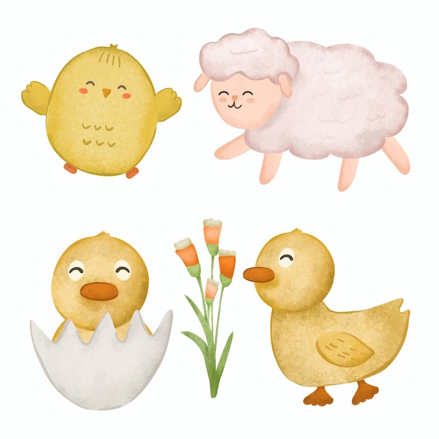 Коллекция животных в мультяшном персонаже милые утята и овцы с цветком в стиле акварели на белом фоне для векторной иллюстрации графического дизайнера