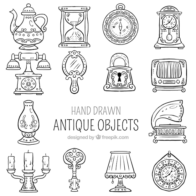 Collection of antique hand-drawn objects