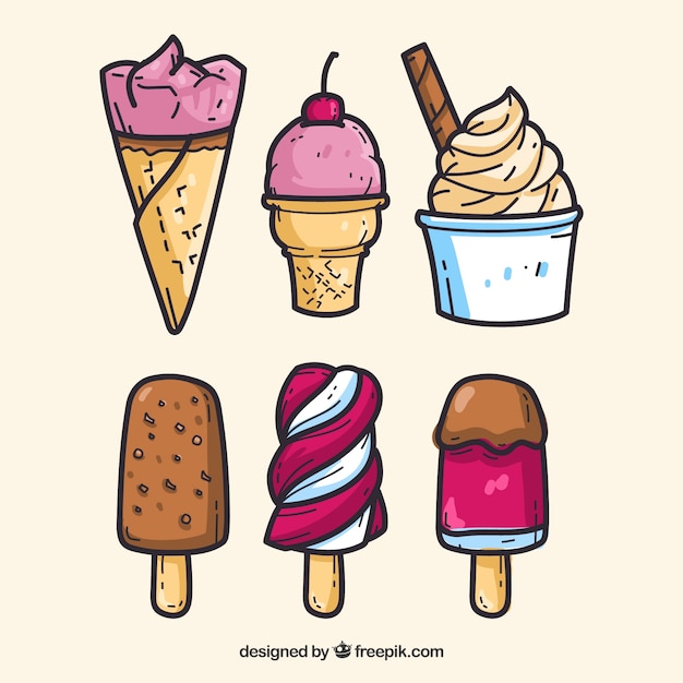 Free vector collection of appetizing ice creams in hand-drawn style