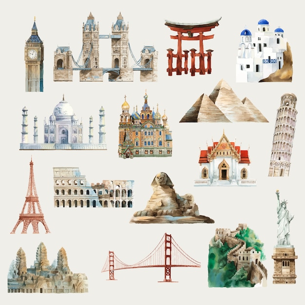 Коллекция архитектурных памятников по всему миру акварельной иллюстрации