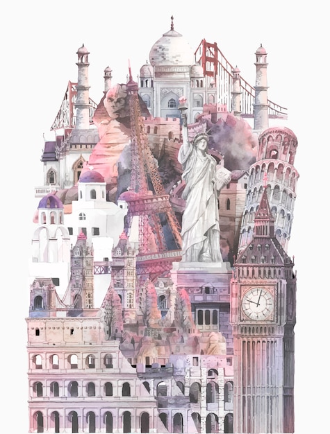 Collection of architectural landmarks painted by watercolor