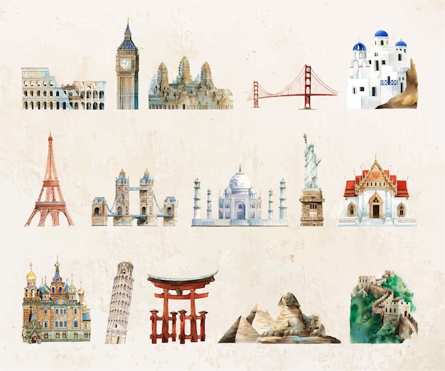 Free vector collection of architectural landmarks painted by watercolor