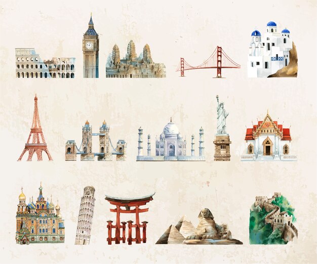 Collection of architectural landmarks painted by watercolor