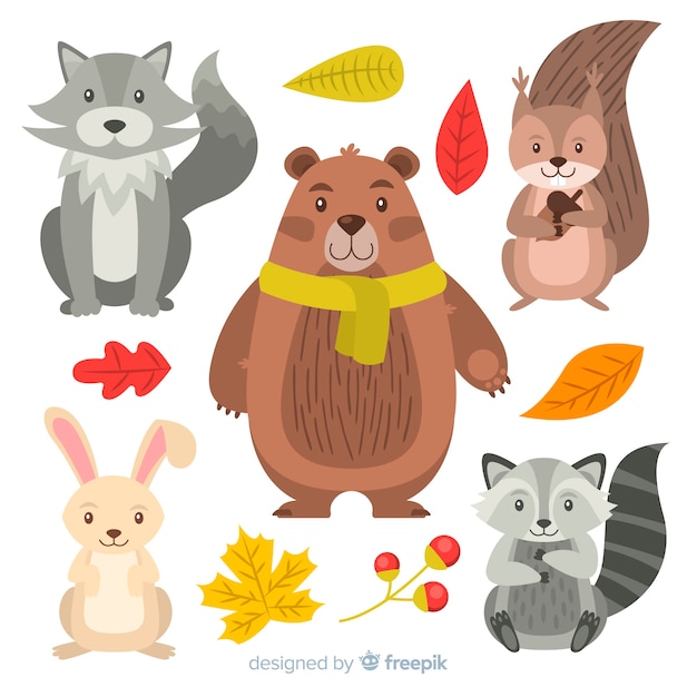 Free vector collection of autumn forest animals flat design