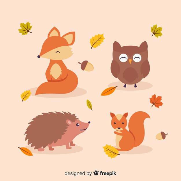 秋の森の動物フラットデザインのコレクション