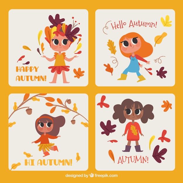 Free vector collection of autumnal cards with happy children