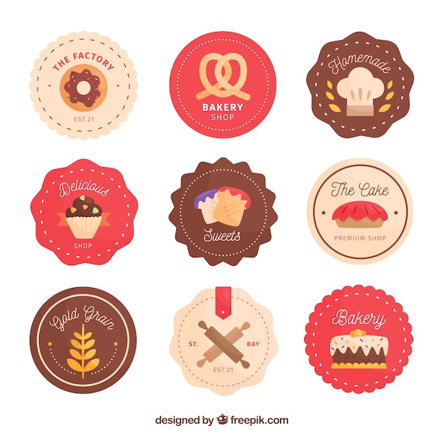 Free vector collection of bakery stickers in flat style