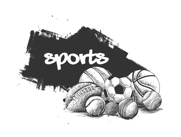 Коллекция мячей Плакат спортивные мячи Ручной рисунок Векторный фон