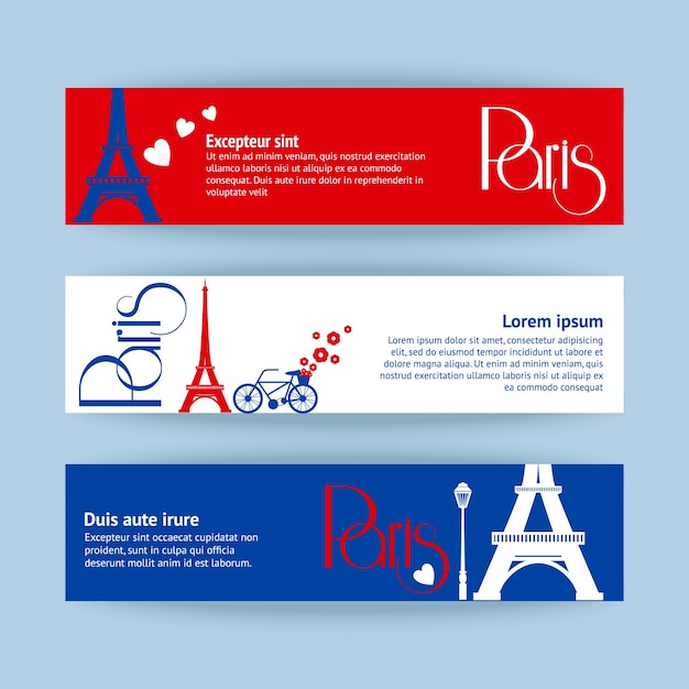 Collection of banners and ribbons with Paris landmark buildings isolated vector illustration