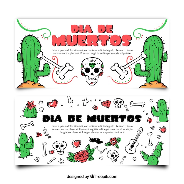 Collection of banners with cacti and skulls