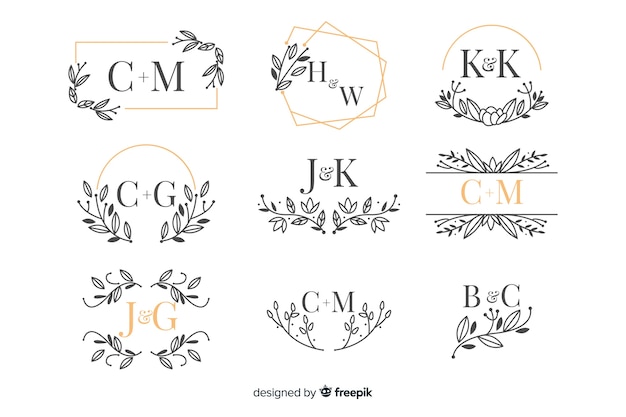 Vettore gratuito raccolta di bel monogramma ornamentale di nozze