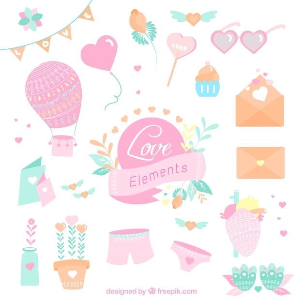 Collection of beautiful romantic elements in pastel color