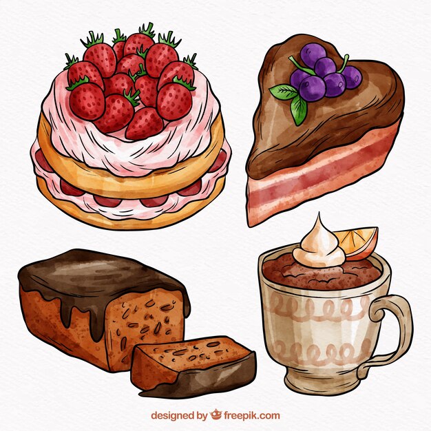 Collection of beautiful sweet watercolor cakes