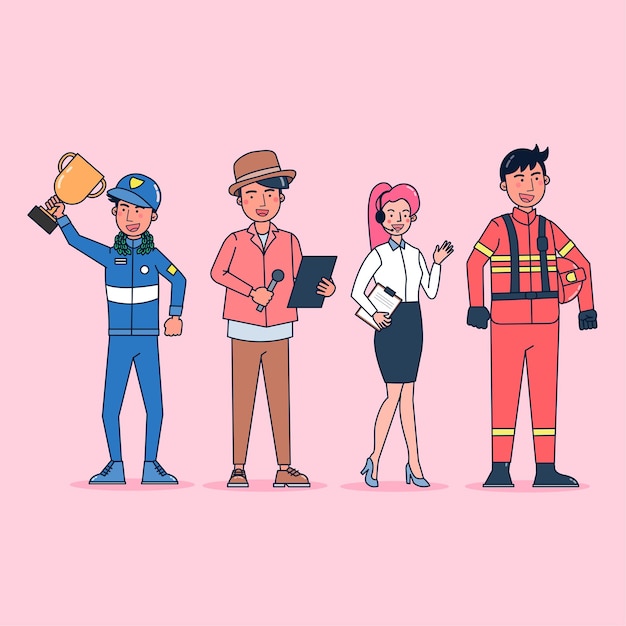 Free vector collection of big set isolated various occupations or profession people wearing professional uniform, flat   illustration.