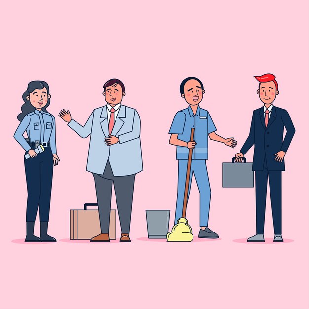 Free vector collection of big set isolated various occupations or profession people wearing professional uniform, flat   illustration.