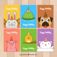 Free vector collection of birthday cards with hand drawn animals