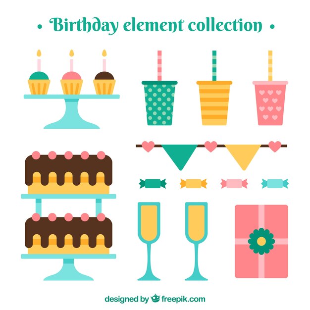 Collection of birthday elements in flat style