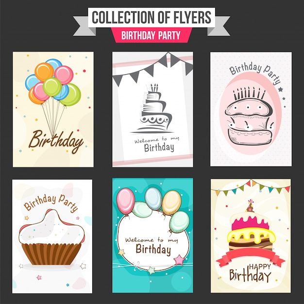 다채로운 풍선, 달콤한 케이크와 컵 케이크의 일러스트와 함께 생일 파티 전단지의 컬렉션