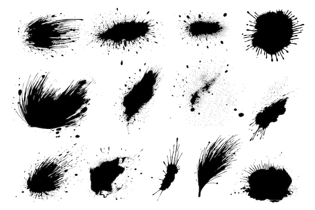 Free vector collection black ink splatter isolated on white background