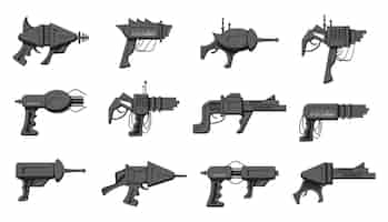Free vector collection of black and white futuristic blasters isolated on white