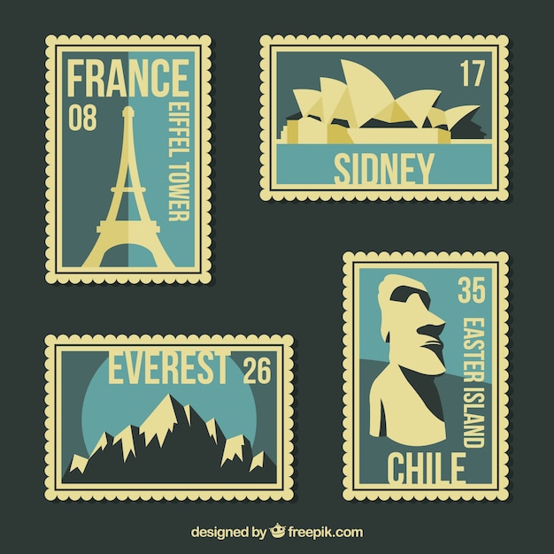 Collection of blue stamps with monuments