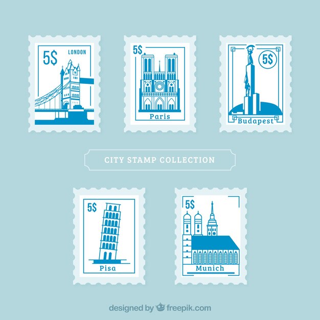 Collection of blue travel stamps