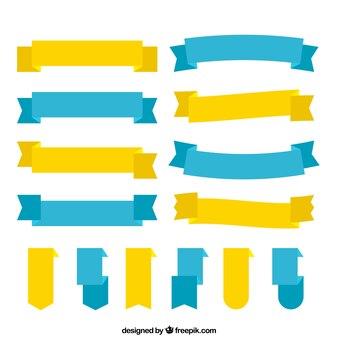 Collection of blue and yellow ribbons in flat design