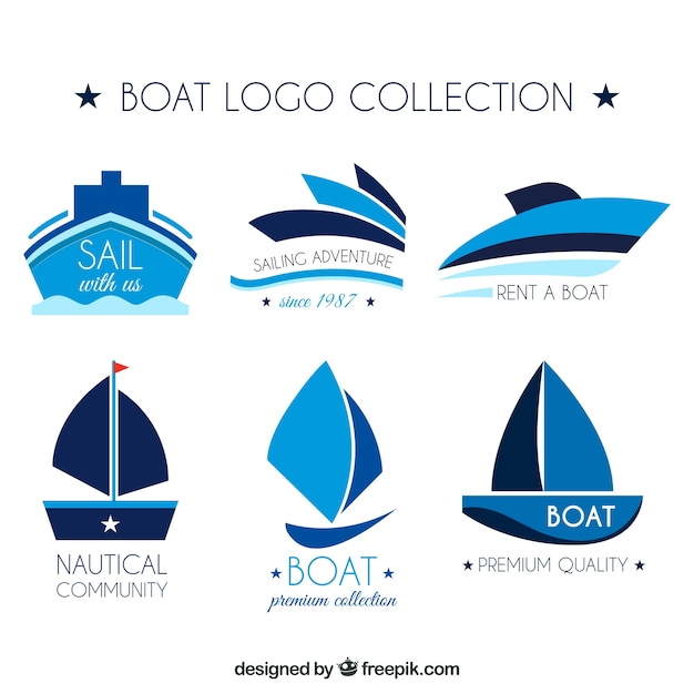 Collection of boat logos in blue tones Premium Vector