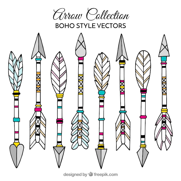 Free Vector collection of boho arrows with hand drawn feathers