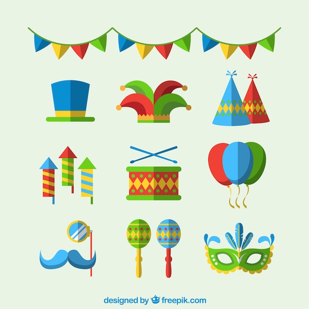 Collection of brazilian carnival accessories in flat design