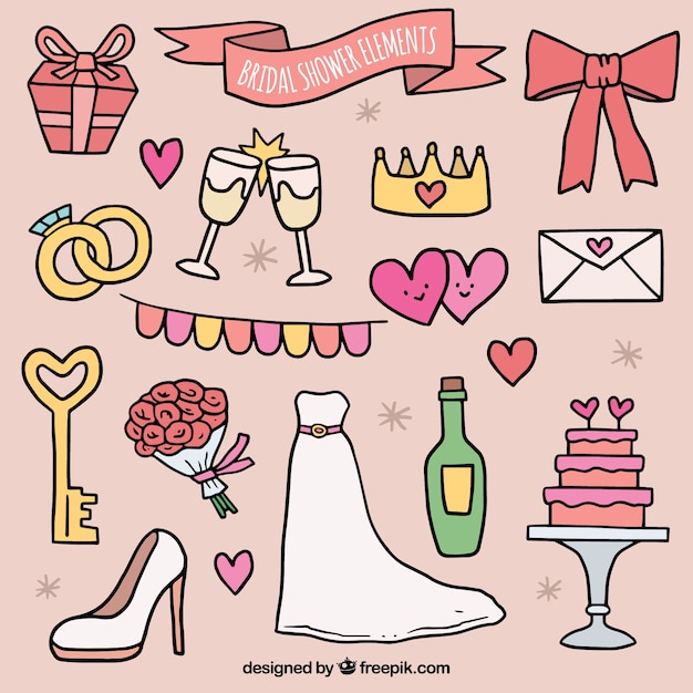 Collection of bridal shower accessories in hand-drawn style
