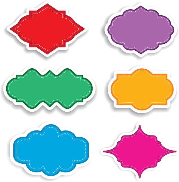 Collection of brightly coloured labels with drop shadows