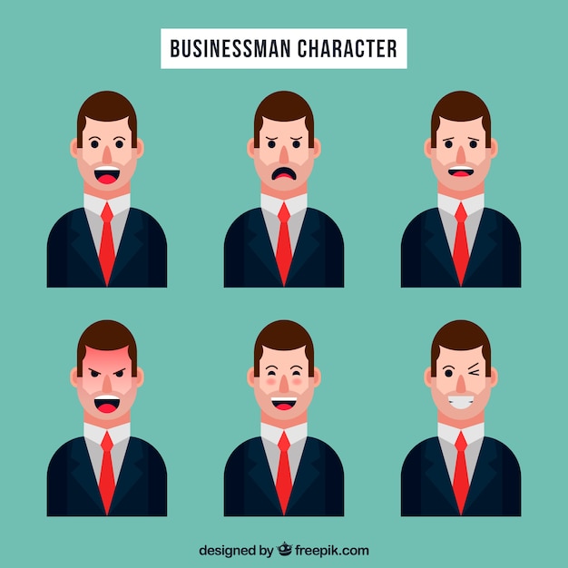 Collection of businessman character with expressive faces in flat design