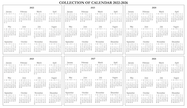 Free vector collection of calendar black and white 2022-2026