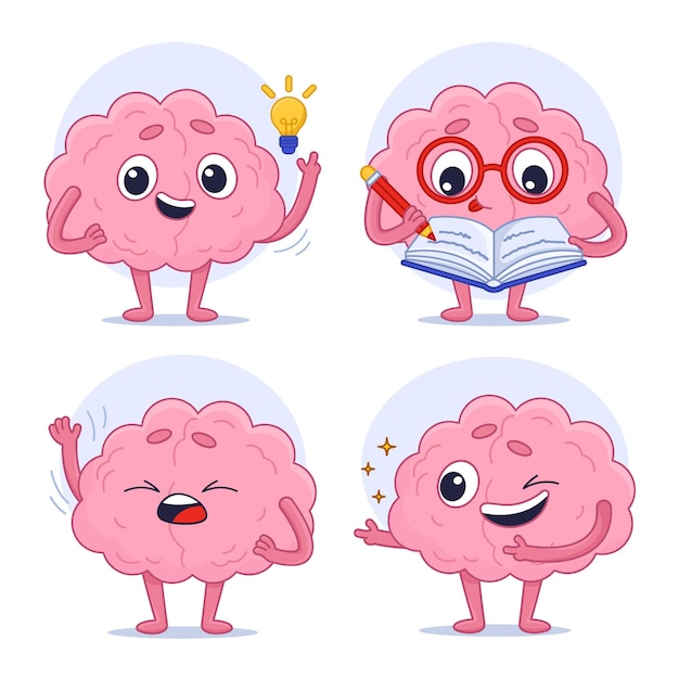 Collection of cartoon brain characters having creative idea studying and reading book