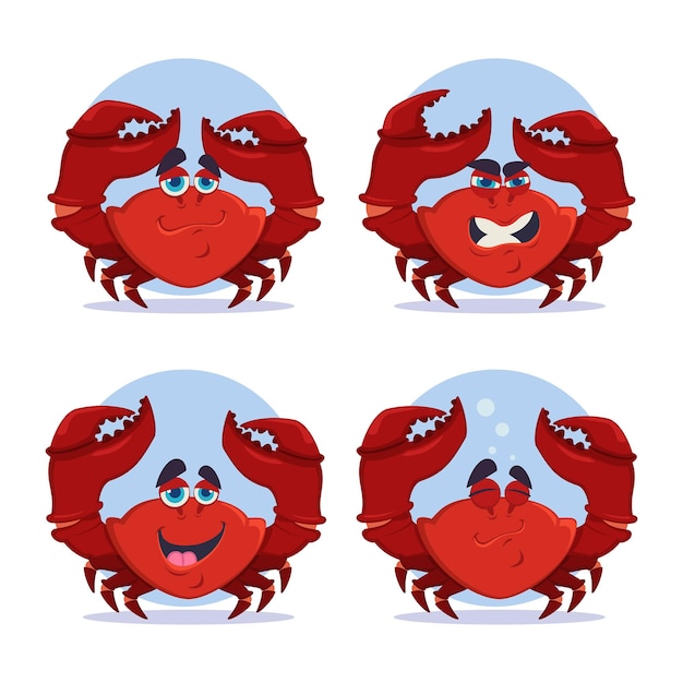 Collection of cartoon cute crab character expressing different emotions